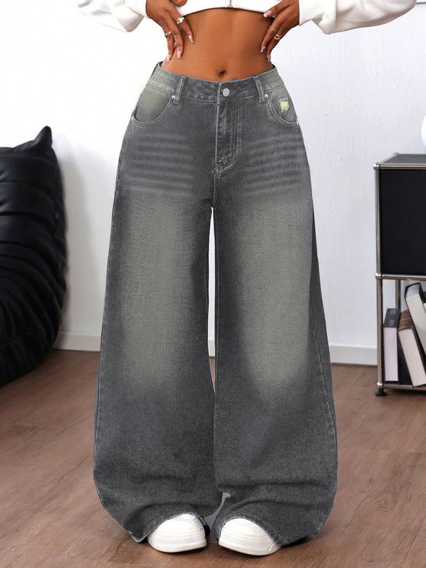 Women's Wide Leg Extra Long Jeans Distressed Washed Grey Casual Loose Trousers Floor Length Amazon E Commerce_ecoleips.com
