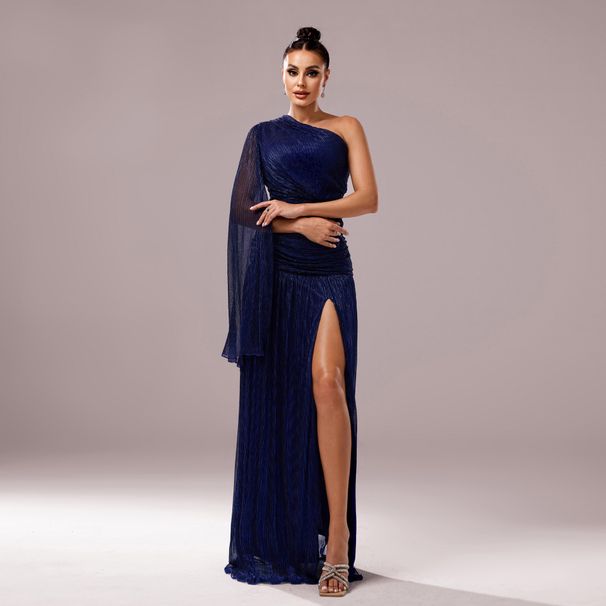 Verve Women's New High-End One-Shoulder Asymmetric Neck Long Sleeve Slim Fit Split Evening Dress_ecoleips.com