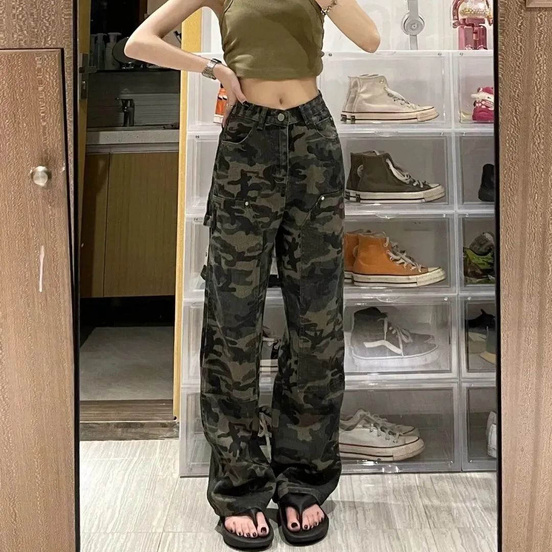 plus Size American Hip Hop Camouflage Cargo Pants High Waisted Wide Leg Loose Straight Casual Slimming Summer Trendy_ecoleips.com