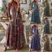 Women's Bohemian Style Long Skirt Dress V Neck Trumpet Sleeve Printed High Waist Floral Vacation Gown_ecoleips.com