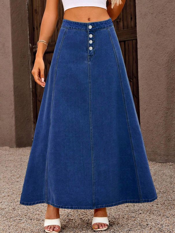 Women's A-Line Denim Skirt With Single Button – Vintage Washed Maxi Skirt For Casual & Office (Dark Blue, XS-XXL)_ecoleips.com
