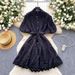 French Retro Lace Splicing Tie Waist Dress For Women Lantern Sleeve Slim Temperament A-Line Skirt Fashionable Palace Style_ecoleips.com