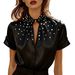 Women's Elegant Satin Shirt With Pearl Embellished Hollow Out Design Short Sleeve Casual Summer Blouse_ecoleips.com