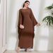 Women's Clothing Elegant Muslim Long Dress With Batwing Sleeves And Round Neck Fashionable Robe Style Polyester Gown_ecoleips.com
