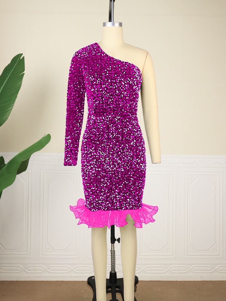 Women's Clothing one shoulder evening dress designer elegant colorful sequin dress party dress_ecoleips.com