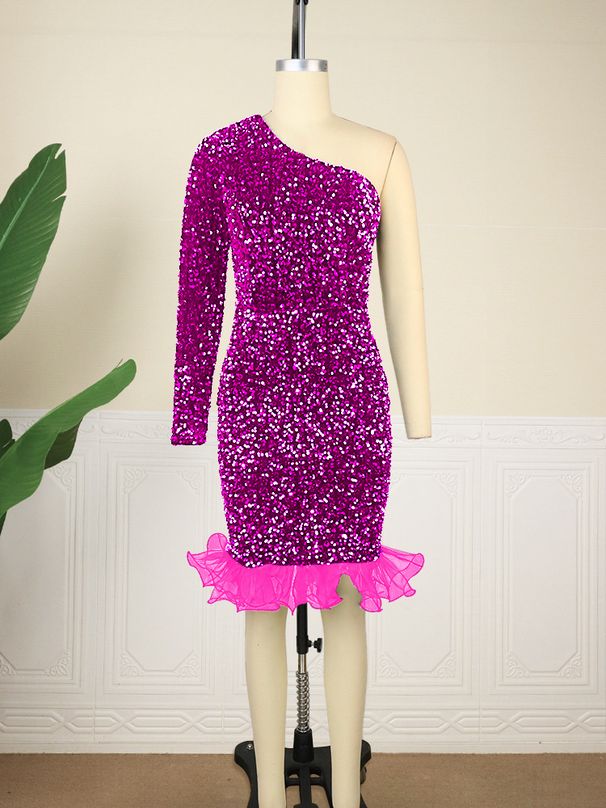 Women's Clothing one shoulder evening dress designer elegant colorful sequin dress party dress_ecoleips.com