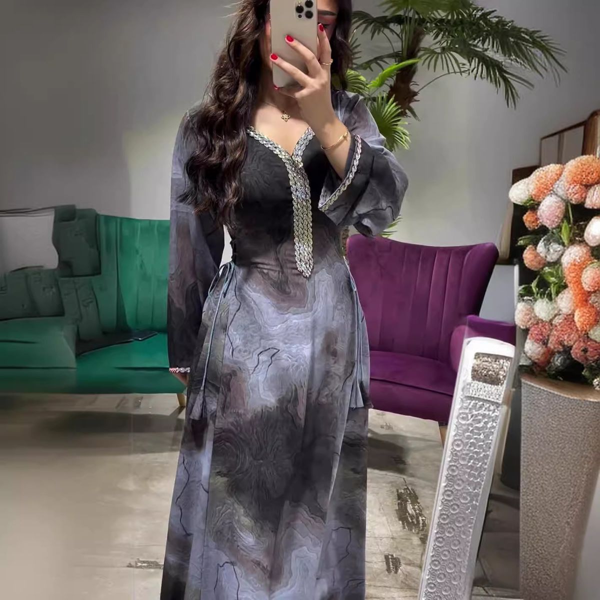 Women's Clothing Fashion Print Slim V Neck Elegant Long High Waist Dress_ecoleips.com