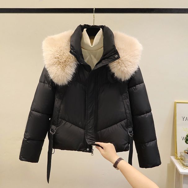 Women's Short Cotton Jacket With Large Fur Collar – Petite Winter Coat (Black/White/Espresso/Violet)_ecoleips.com