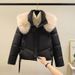 Women's Short Cotton Jacket With Large Fur Collar – Petite Winter Coat (Black/White/Espresso/Violet)_ecoleips.com