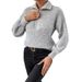 Women's Clothing Zip-Up Polo Neck Knit Sweater - Breathable Polyester Blend Casual Pullover With Ribbed Detailing_ecoleips.com