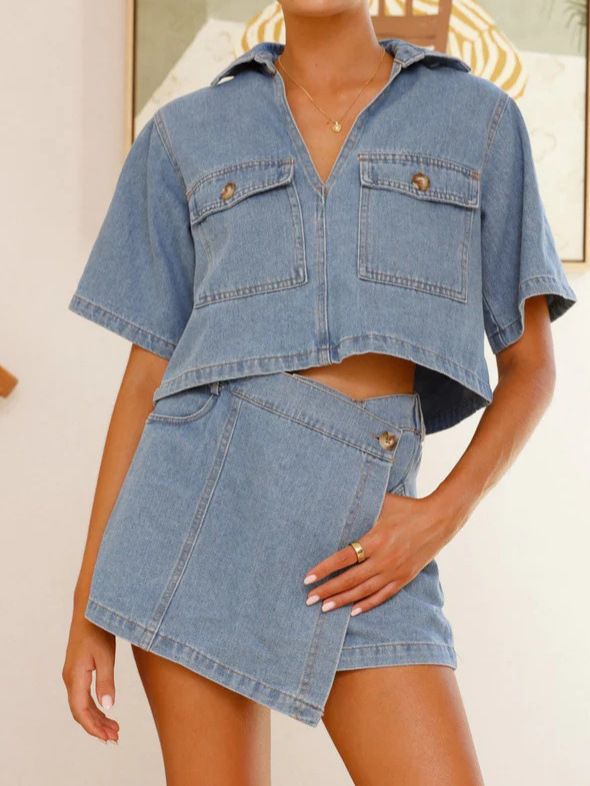 Women's Clothing Women's Summer V Neck Short Sleeved Loose Irregular Denim Suit Short Skirt Pants 8936_ecoleips.com