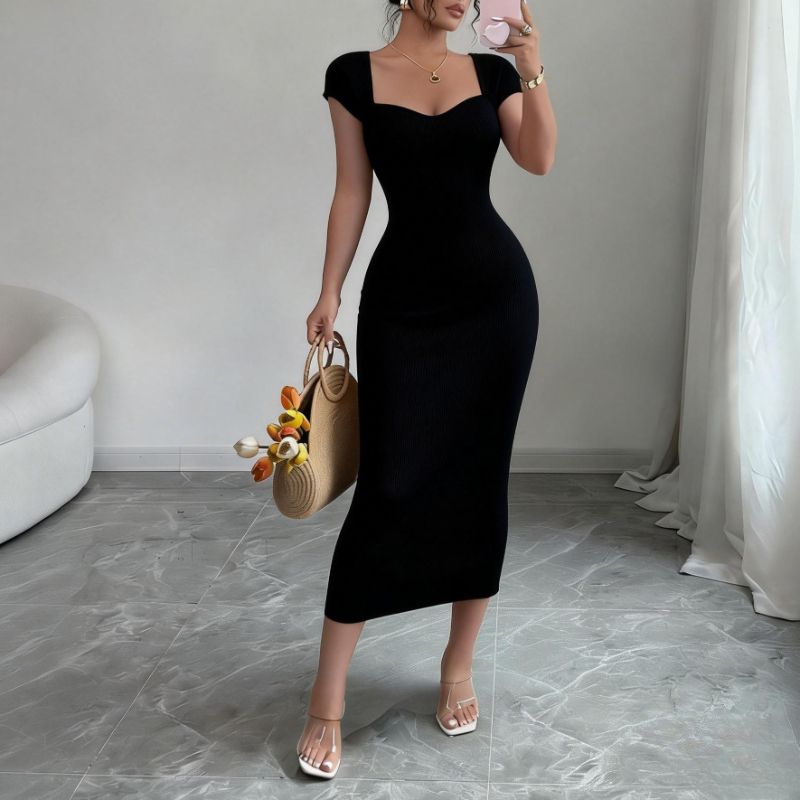 Women's Purple Sweetheart Neck Short Sleeve Stretchy Ribbed Knit Bodycon Midi Dress Summer Beach Vacation Party Long Dress_ecoleips.com