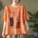Summer Vintage Artistic Printed Cotton-Linen Top For Women, Plus-Size Casual Temperament, Loose Crew Neck Short-Sleeve T_ecoleips.com