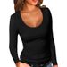 Women's Clothing Ribbed Crew Neck Long Sleeve T-Shirt Basic Solid Color Slim Fit Base Layer American Style_ecoleips.com