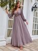 Women's Chiffon V-neck beaded floral pleated elegant ruffled shoulder sleeves pleated chest long skirt with straps and bows on the back_ecoleips.com