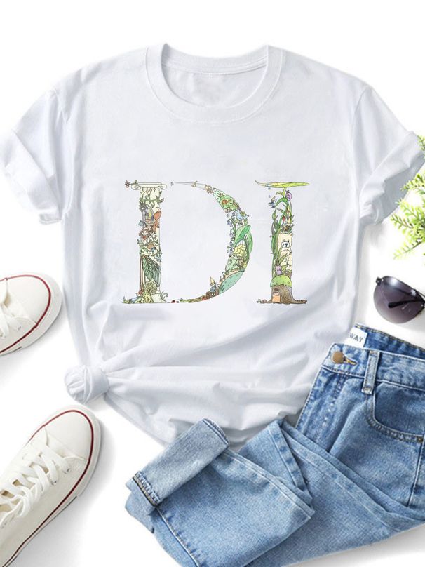 Women Casual Crew Neck Short Sleeve T-Shirt, Vintage Forest Cartoon DI Letter Graphic Loose Fit Black Tee Summer Daily Basic Tops_ecoleips.com