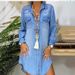Popular Long Sleeve Button Pocket Solid Color Denim Shirt Dress_ecoleips.com