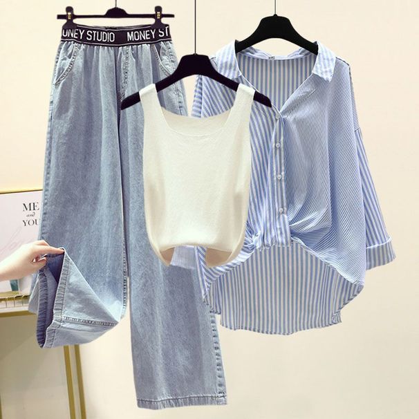 Women's Clothing Summer Street Celebrity Outfit For Women Style Slightly Fat Striped Shirt Small Suspenders Wide Leg Jeans Three Piece Suit_ecoleips.com