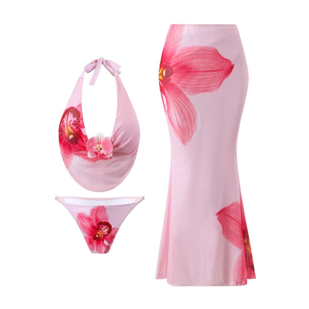 Women's Floral Sheer Cover-Up Bikini Set – High-Waisted Swimsuit With Skirt & Matching Sarong (Blue/Black/Pink, S-XL)_ecoleips.com