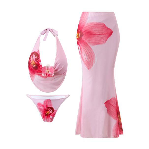 Women's Floral Sheer Cover-Up Bikini Set – High-Waisted Swimsuit With Skirt & Matching Sarong (Blue/Black/Pink, S-XL)_ecoleips.com