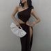 European And American Summer Single Sleeveless Side Slit Sexy Elegant Asymmetrical Shoulder Waist Long Dress_ecoleips.com