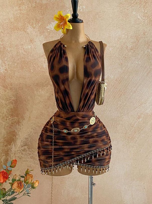 Women's Clothing Sexy Retro Patterned Mesh Mini Dress Deep V Neck Beaded Tight American Style_ecoleips.com