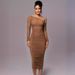 2025 Spring New Women's Long Sleeve Mesh Patchwork Asymmetrical Shoulder Mid-Length Fashion Pleated Dress For Women_ecoleips.com