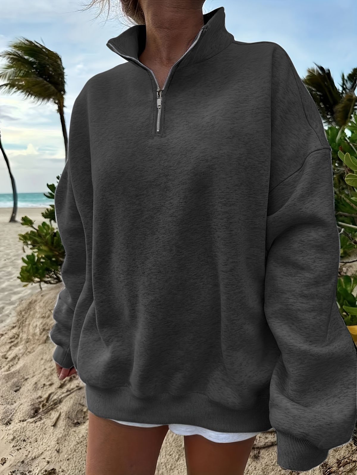 Women’s Half-Zip Fleece Sweatshirt – Oversized Pullover (Greyish/Dark Gray/Black/Apricot, XS-XXL)_ecoleips.com