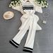 Women's Clothing sleeveless slim fit knitted top two piece suit casual high waist slim straight wide leg pants_ecoleips.com