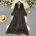 Women's Clothing High End Elegant Dress For Women Fashion Nail Diamond Hollow Round Neck Long Sleeve Loose Slim Leopard Print Pleated Long Skirt_ecoleips.com
