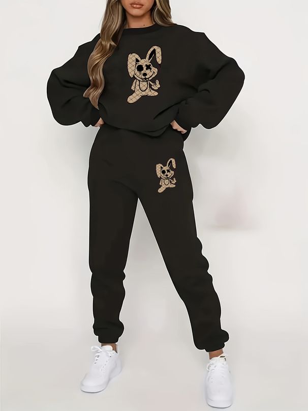 Women's Autumn/Winter Hip Hop Casual Street Cartoon Rabbit Pattern Printed Round Neck Sweatshirt+Sweatpants Warm Set-636_ecoleips.com
