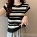 Vintage Stripe 3d Effect Short Sleeve Knit Top For Women, Breathable Polyester Blend Casual Crewneck Shirt, Office & Daily Wear_ecoleips.com