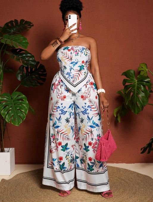 Curvy Tropical Floral Halter Two-Piece Set, Wide Leg Pants Vacation Outfit_ecoleips.com