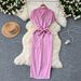 Elegant Sophisticated Mid Length Shirt Dress For Women With Subtle Pleats Single Breasted Buttons Slimming Waist_ecoleips.com