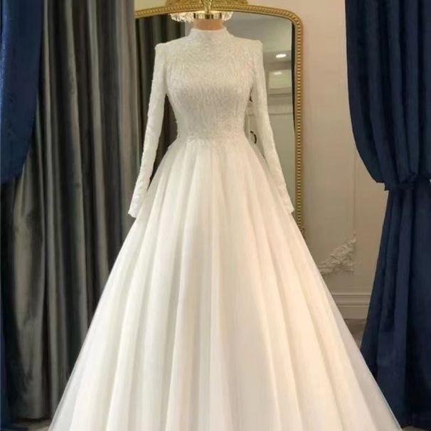 Women's Clothing Long Sleeved High End Wedding Dress New White Simple Temperament Light Luxury Hepburn Bride Wedding Reception Dress Female Skirt_ecoleips.com
