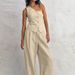 Women's Commuter Fashion Khaki Off-shoulder Cotton and Linen Vest Trousers Two-piece Set _ecoleips.com