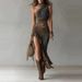 Retro Patchwork Print Asymmetrical Long Dress Slim Fitting High Slit American Style Women's Dress New_ecoleips.com