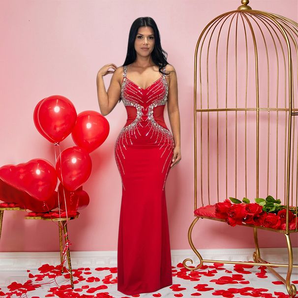 Women's Clothing CY901542 new sexy suspender V neck long skirt slim hot diamond hip dress_ecoleips.com