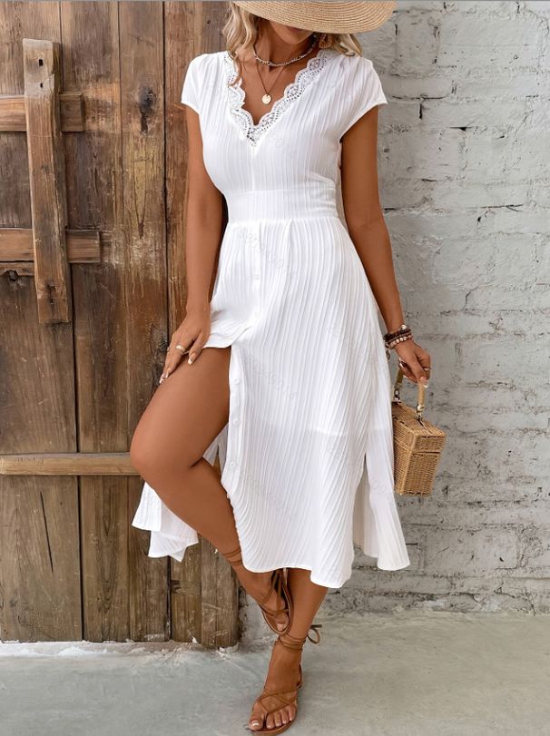 European American Women's V-neck Lace Textured Shirt Fashion Elegant Dress For Dates And Weddings_ecoleips.com