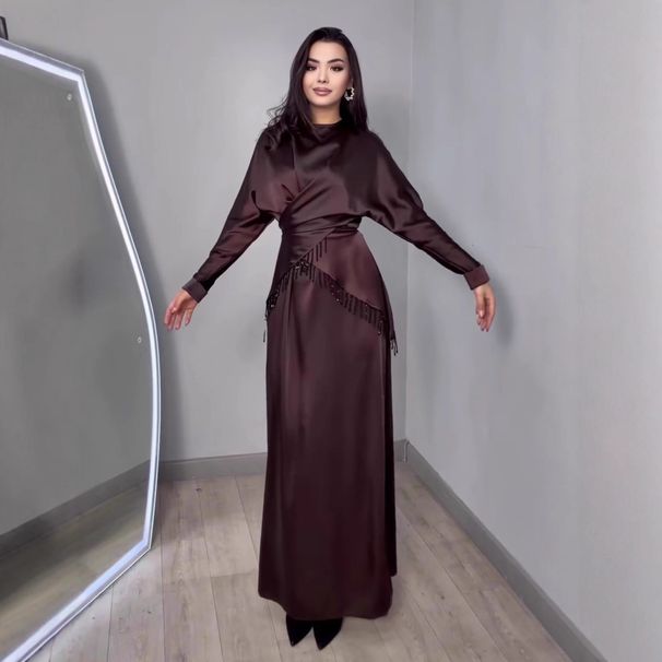 Women's Round Neck Satin Dress With Waist Cinching Long Sleeve Heavy Beaded Two Piece Autumn_ecoleips.com