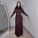 Women's Round Neck Satin Dress With Waist Cinching Long Sleeve Heavy Beaded Two Piece Autumn_ecoleips.com