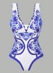 Women's Elegant Beachwear Set Blue And White Porcelain Print One Piece Swimsuit with Wrap Skirt_ecoleips.com
