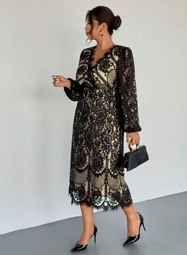 Plus-Size Elegant Casual Lace-Panel Stretch Long-Sleeve Mid-Length Dress_ecoleips.com