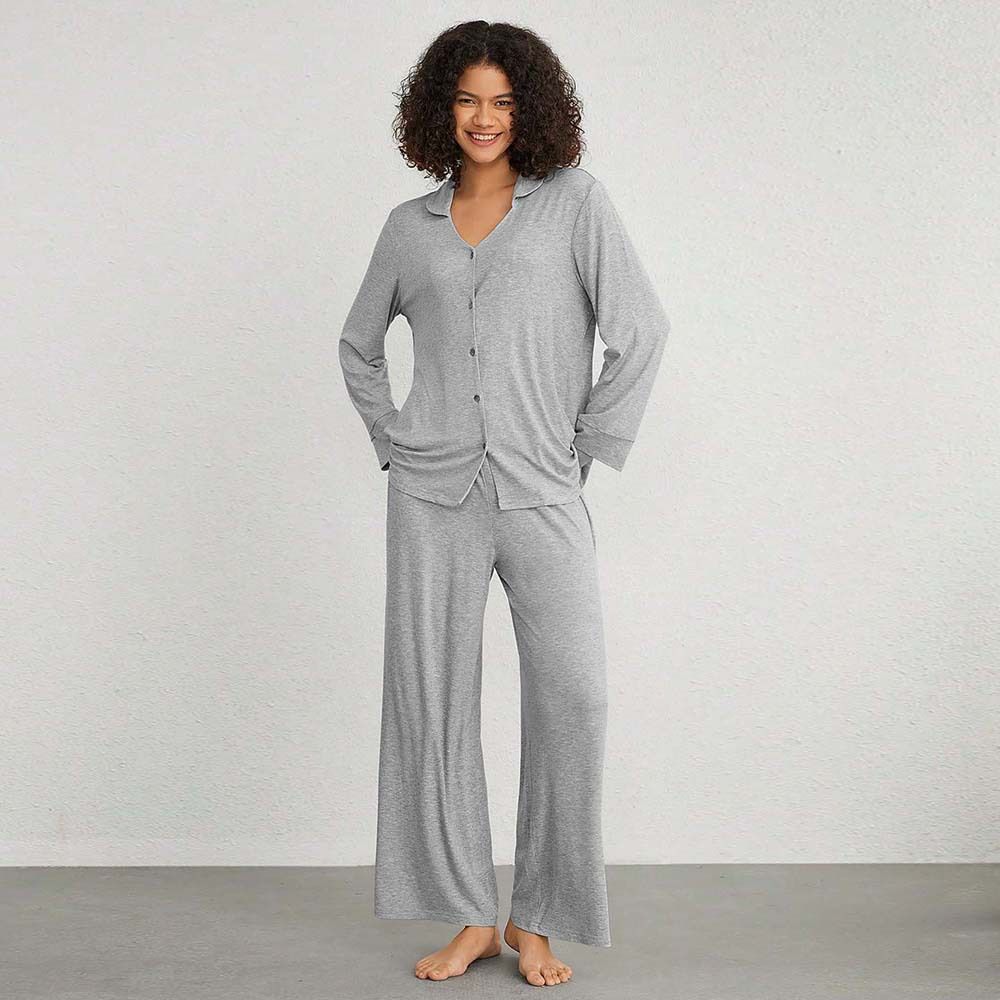 Voya Women's Minimalist Casual Home Suit Set, Solid Color Air-conditioned Suit, Long Pants Two-piece Set For Women_ecoleips.com