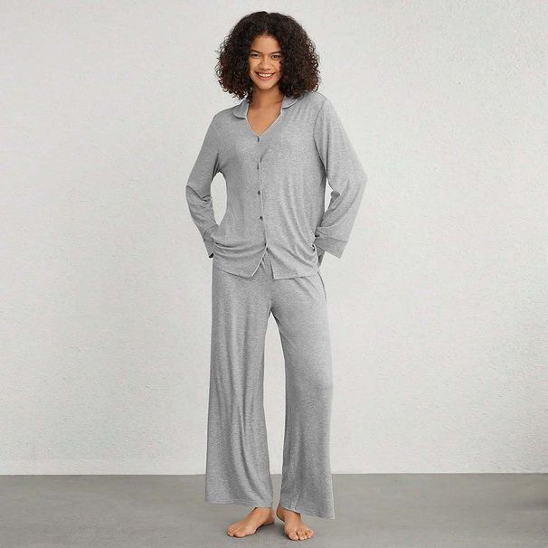 Voya Women's Minimalist Casual Home Suit Set, Solid Color Air-conditioned Suit, Long Pants Two-piece Set For Women_ecoleips.com