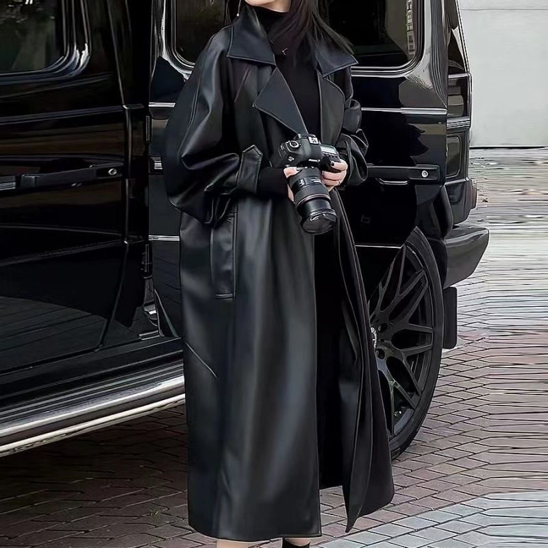 Longline Faux Leather Trench Coat – Plush-Lined Oversized Biker Jacket (Knee-Length Winter Coat For Women, Relaxed Fit)_ecoleips.com