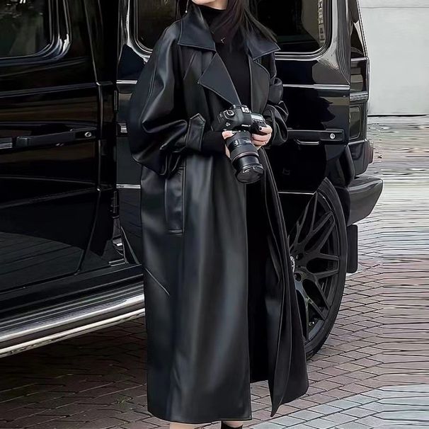 Longline Faux Leather Trench Coat – Plush-Lined Oversized Biker Jacket (Knee-Length Winter Coat For Women, Relaxed Fit)_ecoleips.com