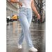 Women's Casual Light Blue Washed Overlap Waist Loose Straight Leg Jeans Denim Pants_ecoleips.com