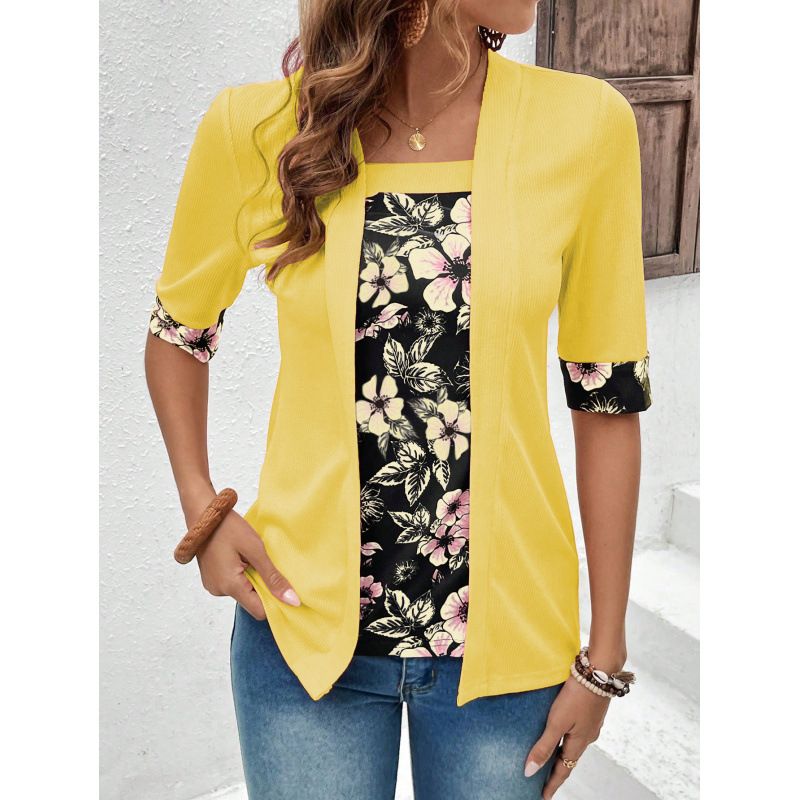 K New Fake Two-piece Five Quarter Sleeve Printed Women's Top T-shirt_ecoleips.com