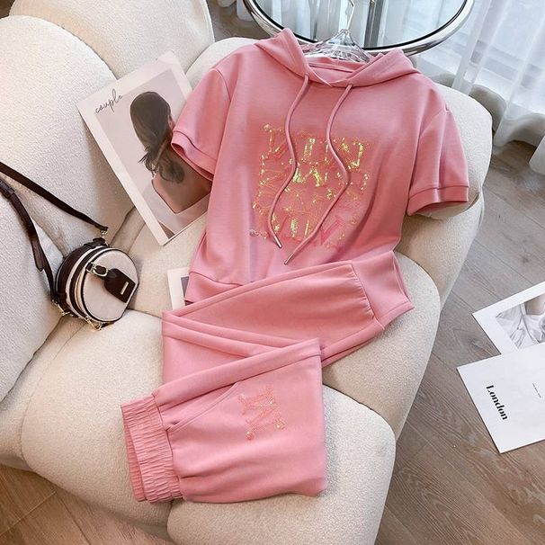 Women's Clothing Pink sports suit for women summer 2023 new high-end fashion versatile loose short-sleeved two-piece suit_ecoleips.com